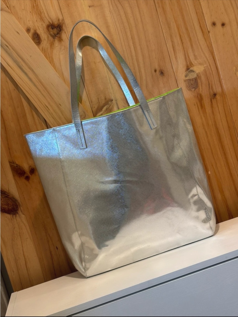 Clinique Metallic Silver Tote with Neon Yellow Accent